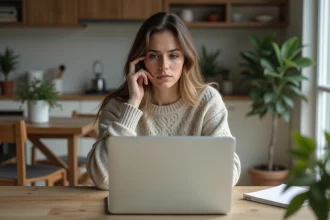Femme assise à une table de cuisine moderne regardant son ordinateur