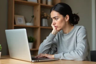 Femme frustrée devant son ordinateur portable essayant d'ouvrir un fichier JFIF non reconnu