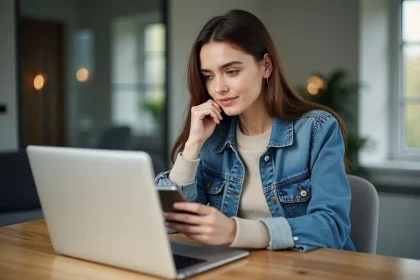 Jeune femme au bureau &agrave; domicile compare options Instagram
