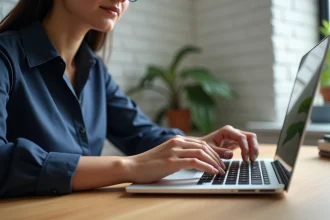 Jeune femme en bureau appuyant sur la touche Maj