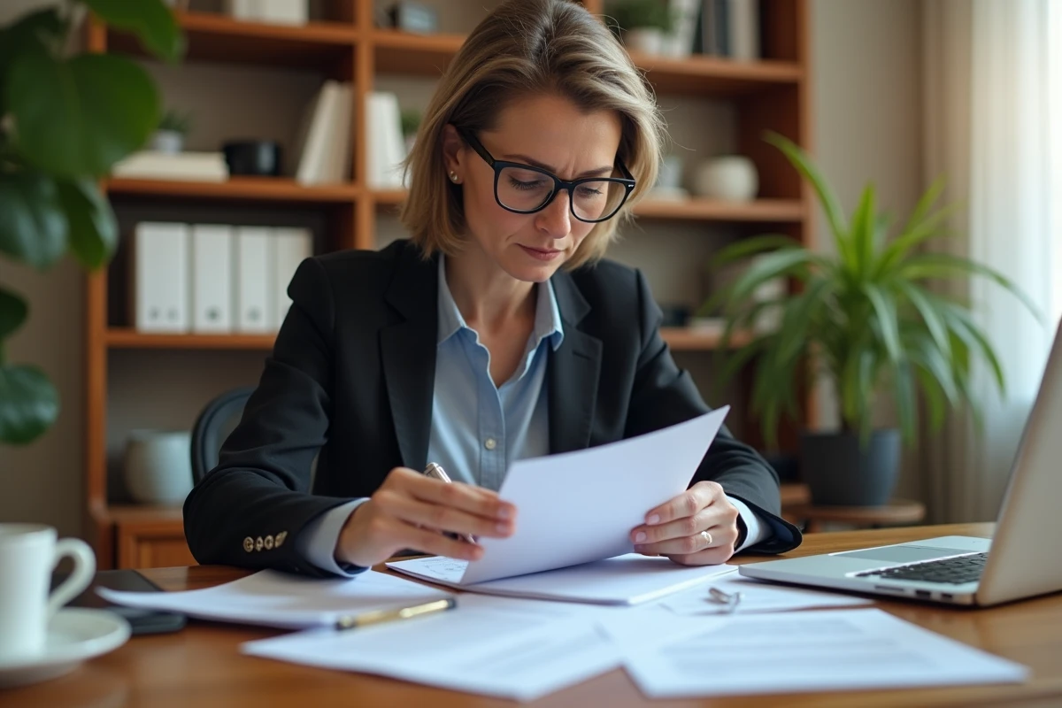 Femme d'affaires organisant des papiers bancaires dans un bureau