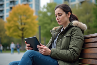 Jeune femme en parkas utilisant une tablette en plein air