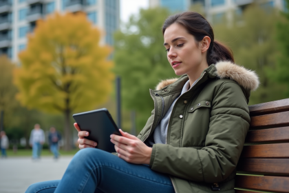 Jeune femme en parkas utilisant une tablette en plein air