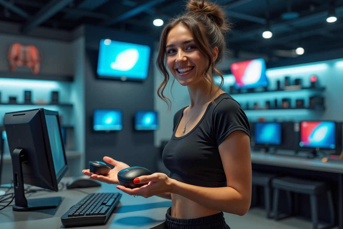 Jeune femme souriante tenant une souris gaming dans un magasin high-tech