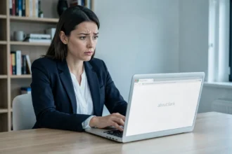 Femme perplexe devant un écran d'ordinateur affichant about:blank dans un navigateur web, dans un bureau moderne