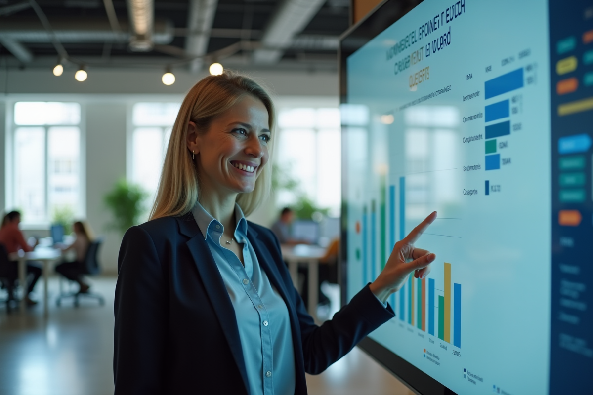 Femme d affaires souriante utilisant un écran tactile en open space