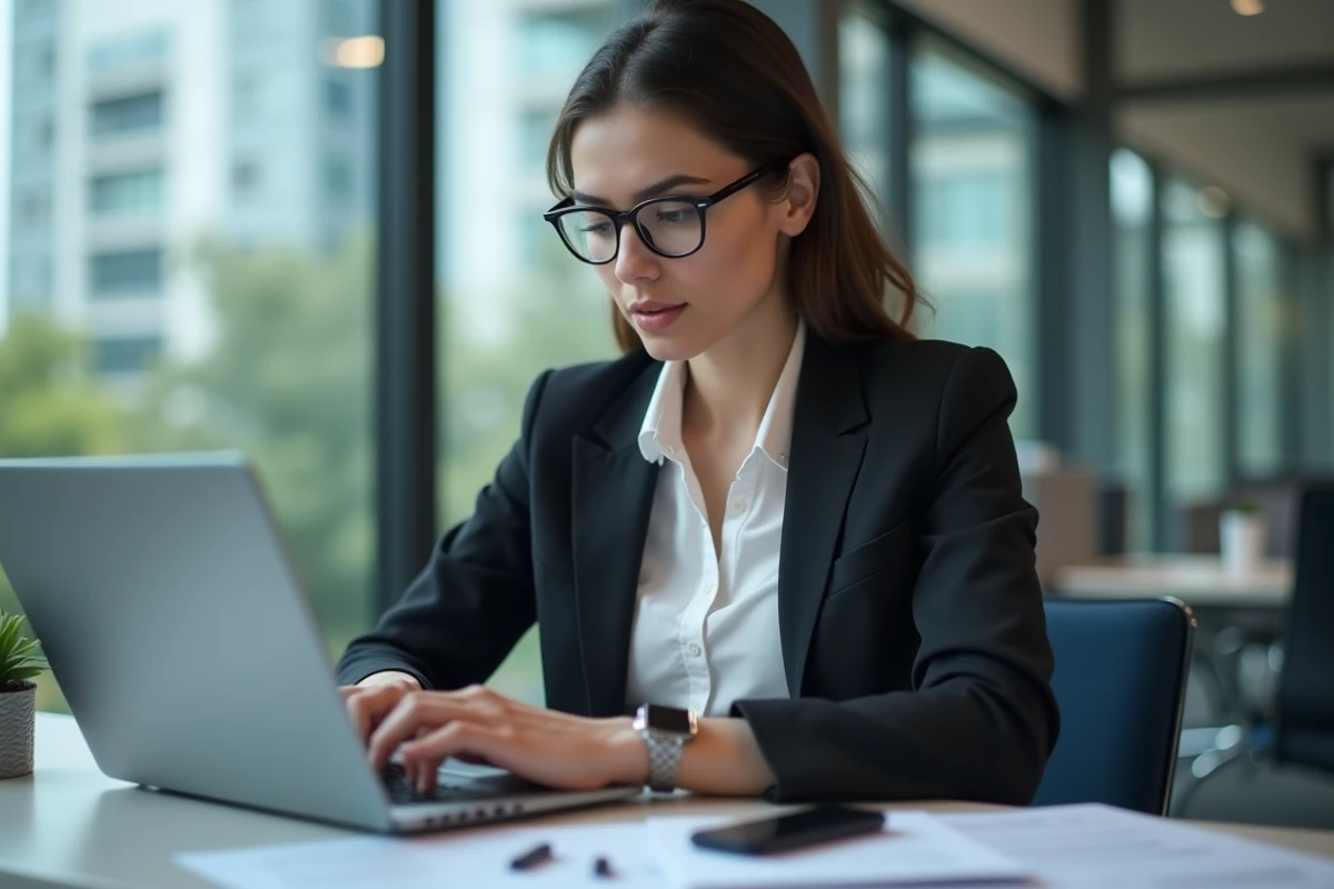 Jeune femme en blazer travaillant sur un ordinateur au bureau