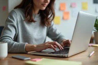 Femme tapant sur un clavier d'ordinateur portable avec attention, illustrant l'utilisation d'un raccourci clavier pour écrire le È majuscule