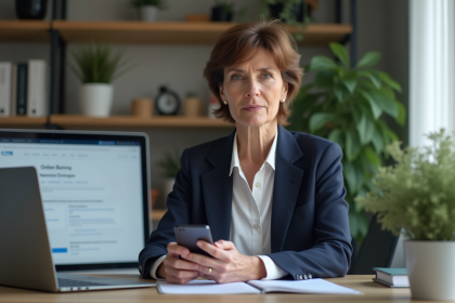 Femme d'âge moyen utilisant son smartphone dans un bureau moderne