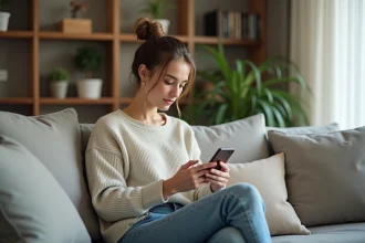 Femme assise sur un canapé dans un salon moderne avec smartphone