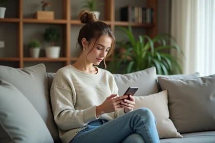 Femme assise sur un canap&eacute; dans un salon moderne avec smartphone