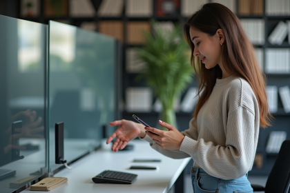 Jeune femme utilisant un scanner d'empreintes au bureau
