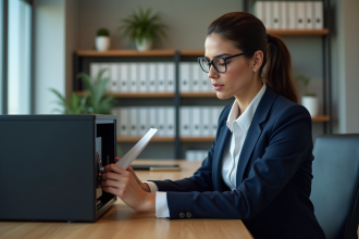 Femme en costume verrouillant un document confidentiel