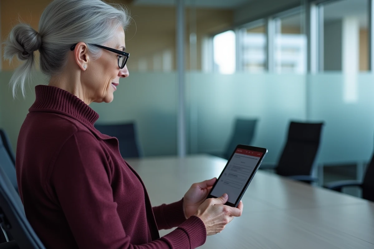 Femme senior consultant ses emails Orange en toute sécurité sur une tablette dans une salle de réunion d'entreprise