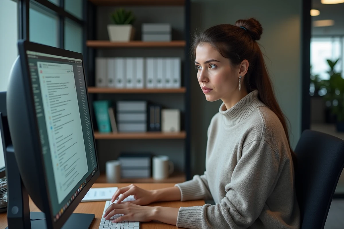 Femme en bureau professionnel &eacute;valuant des sources de logiciel