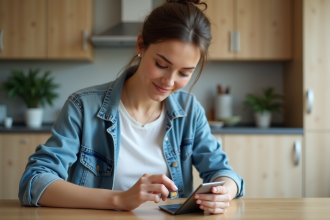 Jeune femme insérant une carte SIM dans un smartphone 5G à la maison