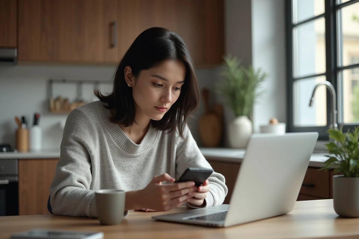 Femme dans la cuisine moderne utilisant son smartphone