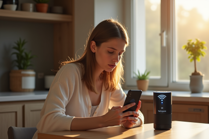 Jeune femme frustrée avec Alexa et smartphone dans une cuisine lumineuse