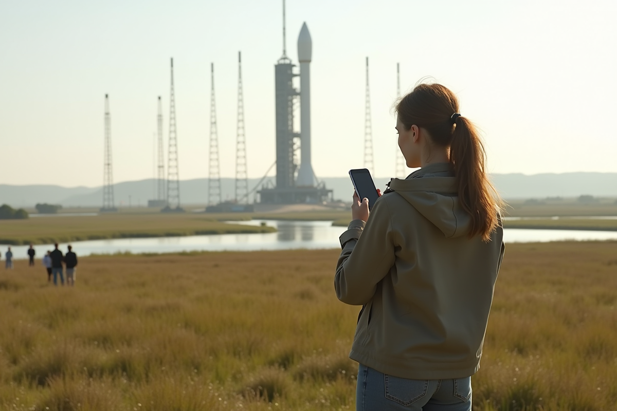 Jeune femme regardant la fusée Ariane 6 en streaming