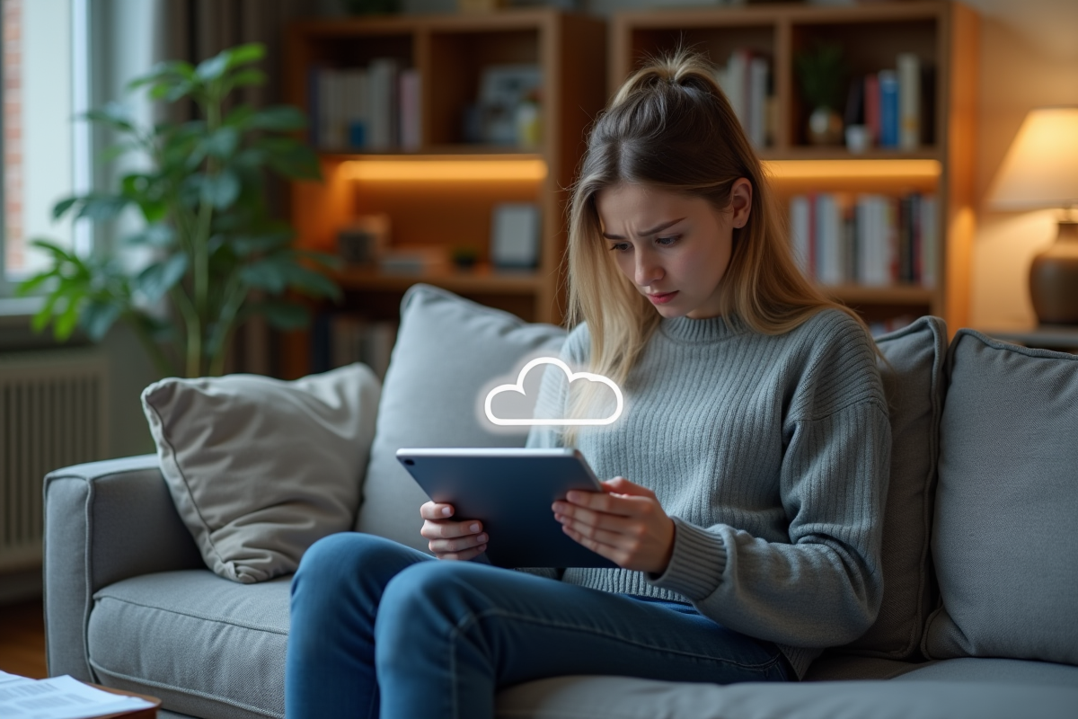 Jeune femme avec tablette dans un salon cosy