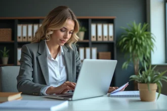 Femme en bureau moderne compare tableaux de bord