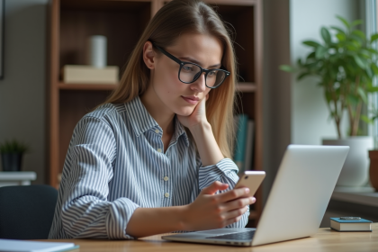 Jeune femme testant un site sur ordinateur et smartphone dans un bureau