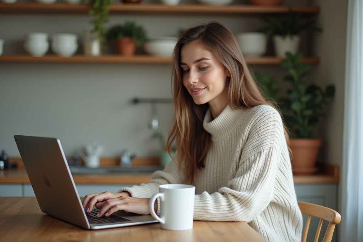 Jeune femme travaillant sur son ordinateur à la maison