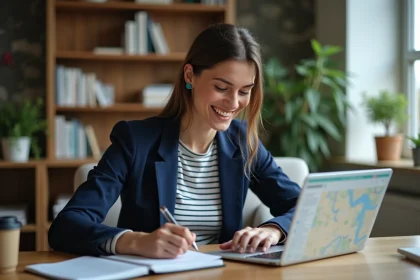 Femme au bureau &agrave; domicile avec carte locale et ordinateur