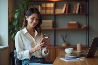 Femme souriante utilisant son smartphone pour la verification 2FA