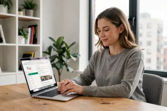 Femme consultant ses emails Free sur un ordinateur portable dans un bureau à domicile moderne