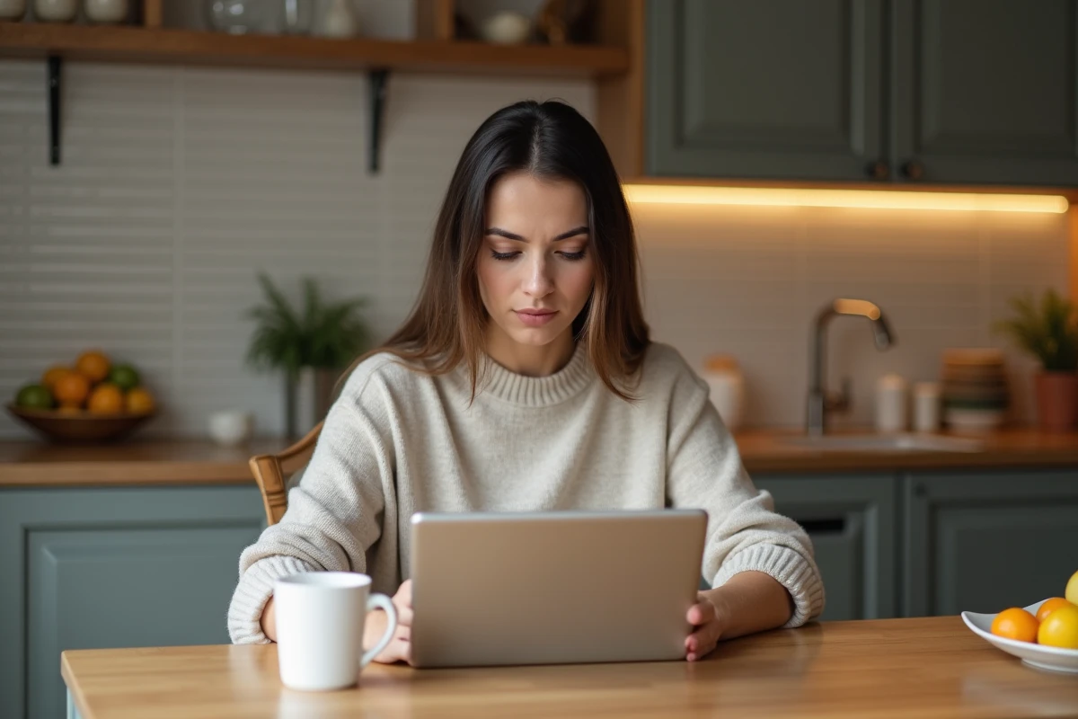 Femme détendue utilise une tablette pour synchroniser ses emails