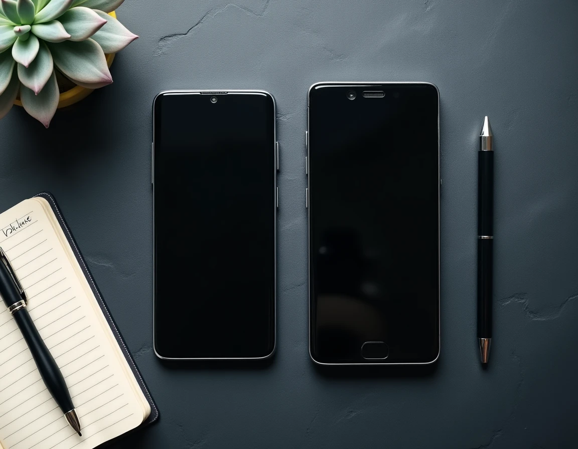 Vue à plat de deux smartphones Xiaomi 14T et 14T Pro comparés sur fond ardoise avec carnet de notes
