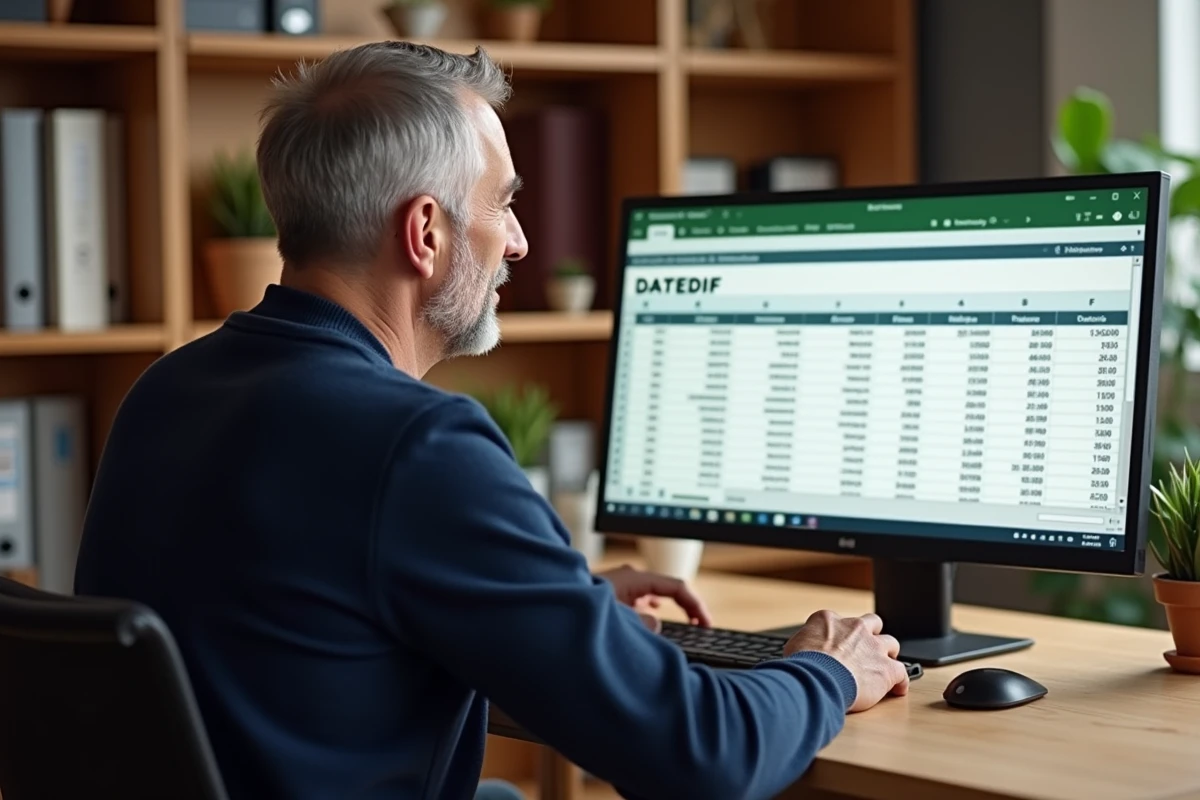 Homme tapant une formule DATEDIF dans Excel pour calculer un âge en années mois jours à domicile