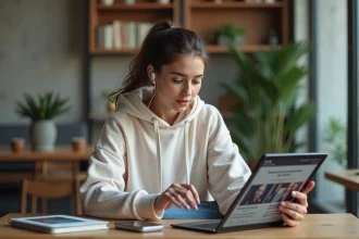 Jeune femme de la génération TikTok découvrant un site d'information numérique sur tablette dans un espace de coworking moderne