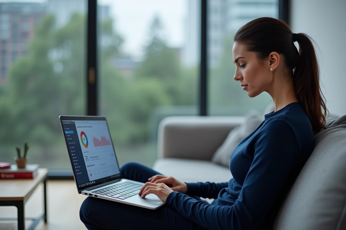 Femme consultant le gestionnaire des tâches sur un laptop lent avec pics CPU, salon moderne