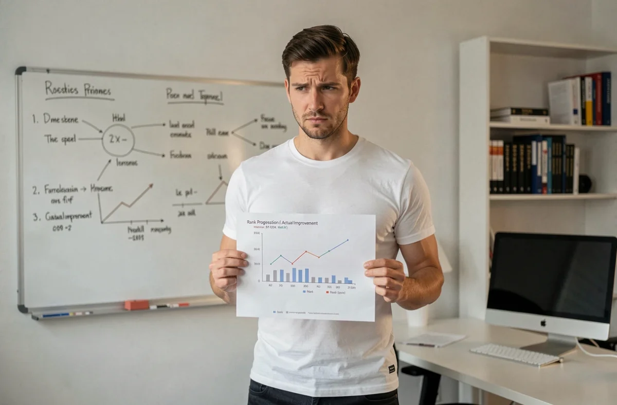 Homme tenant un graphique imprimé comparant la progression de rang et le niveau de compétence réel dans un bureau à domicile