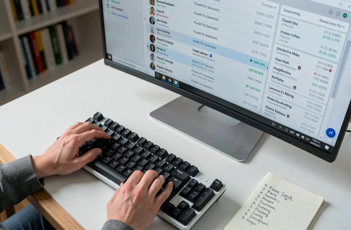Gros plan sur des mains tapant au clavier devant un écran affichant la liste de serveurs Cfx FiveM roleplay