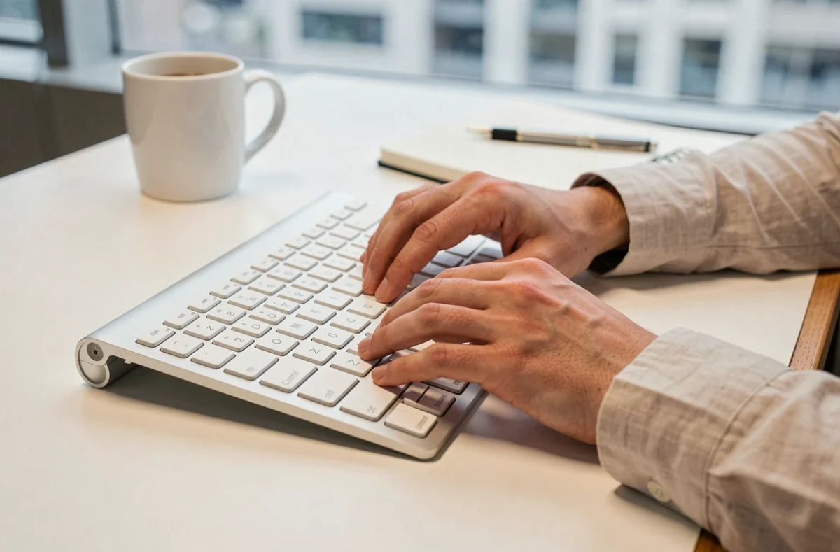 Gros plan sur les mains appuyant sur une combinaison de touches Ctrl C sur un clavier AZERTY au bureau