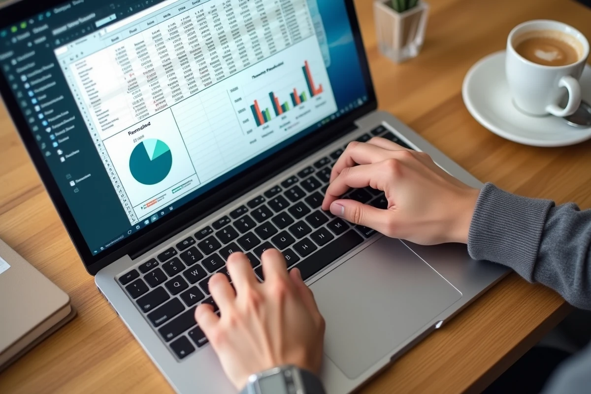 Gros plan sur un écran Excel affichant des formules de calcul de pourcentage et un graphique circulaire des ventes posé sur une table en bois de café