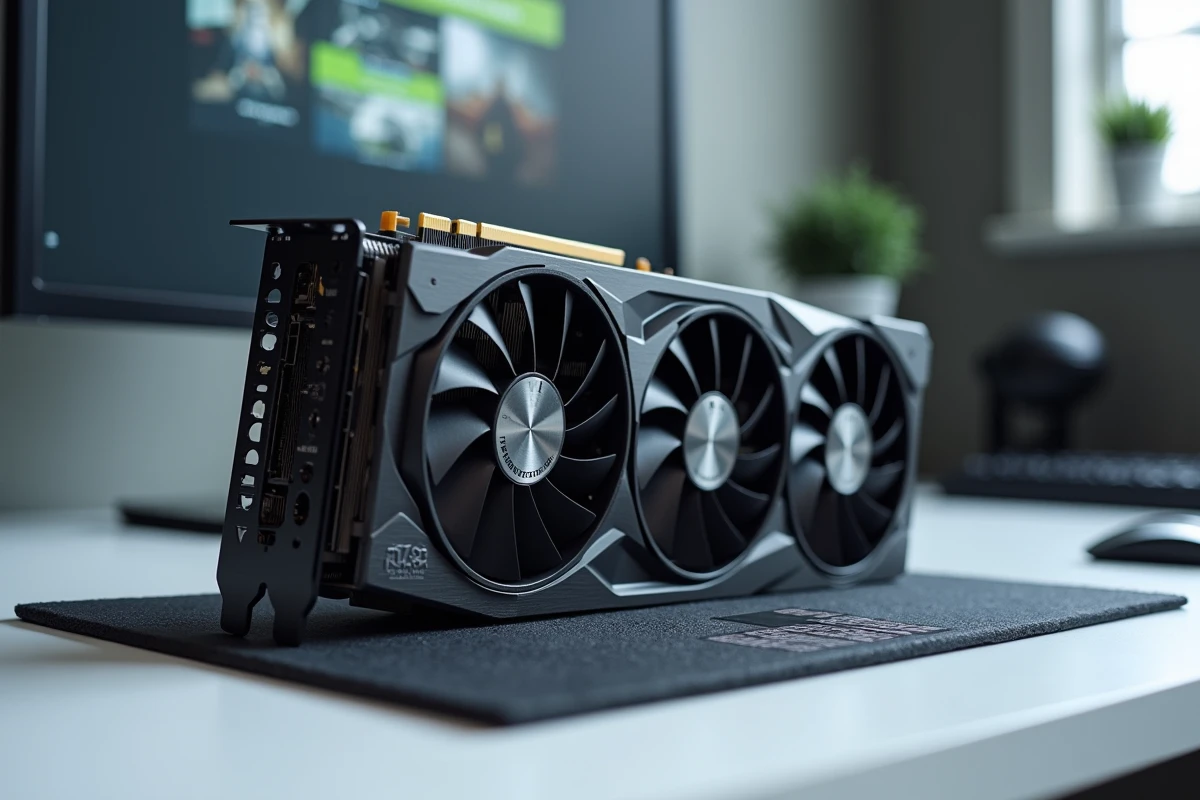 Gros plan sur une carte graphique RTX 5070 Nvidia avec ses ventilateurs et dissipateur thermique