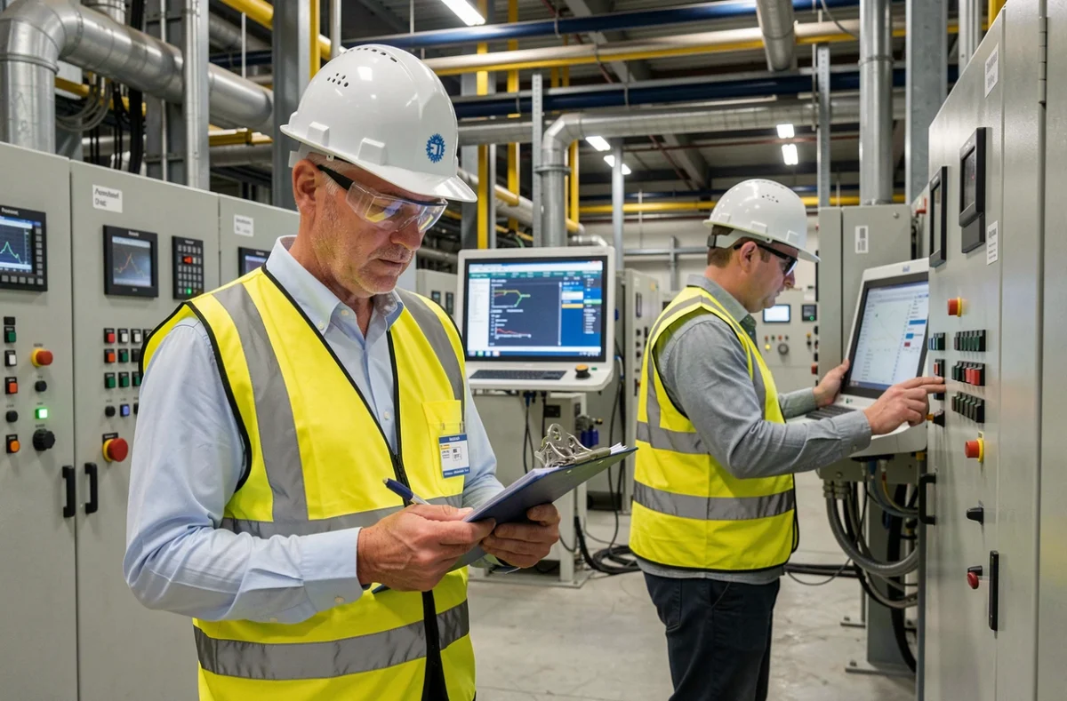 Expert du Groupe CNPP évaluant les risques cybersécurité dans une installation industrielle avec des systèmes de contrôle SCADA