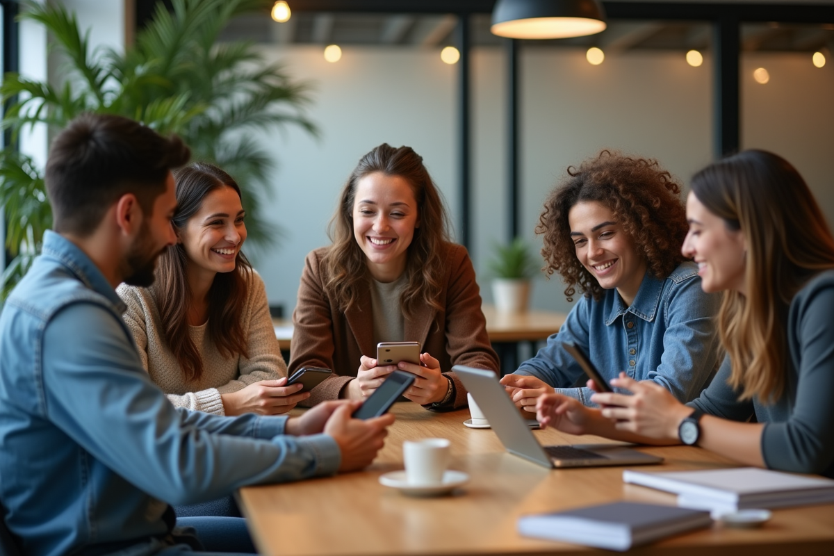 Groupe de jeunes adultes utilisant smartphones dans un espace coworking