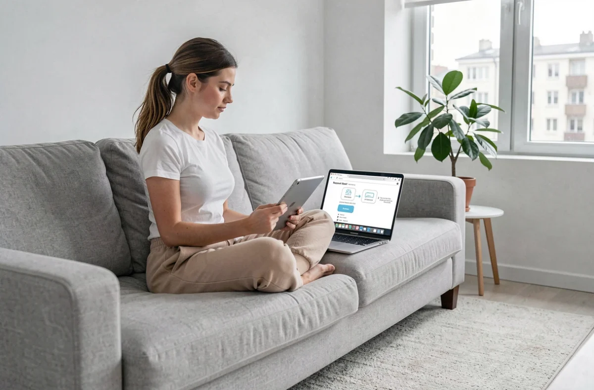 Jeune femme suivant un guide de réinitialisation Samsung tablette avec ordinateur portable sur un canapé
