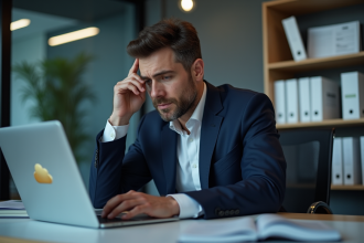 Homme d affaires en costume regardant son ordinateur