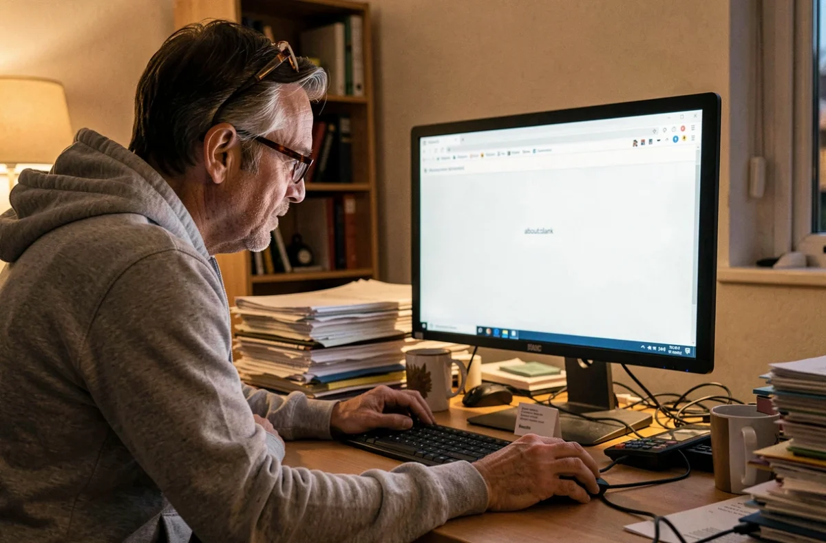 Homme avec lunettes analysant une page about:blank sur un ordinateur de bureau dans un bureau encombré au crépuscule