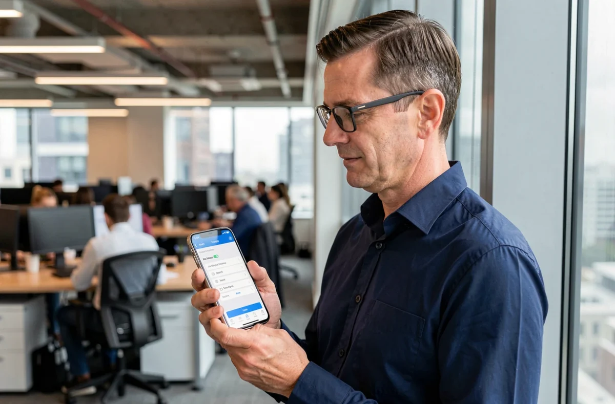 Homme en bureau consultant son compte mobile pour configurer les alertes de consommation internet
