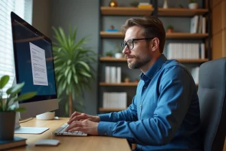 Homme concentré utilisant un ordinateur dans un bureau moderne
