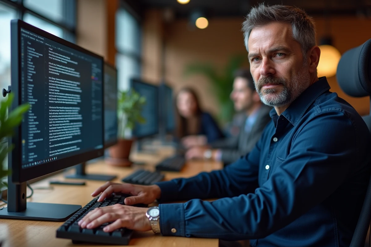 Homme au bureau utilisant un raccourci clavier sur un PC Windows avec clavier mécanique pour saisir un caractère accentué majuscule