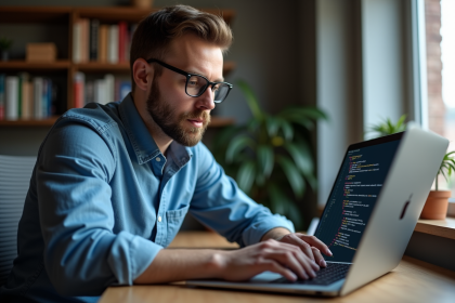 Homme en train de coder dans un bureau à domicile