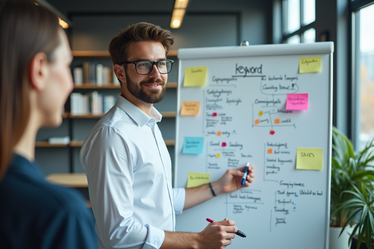 Homme expliquant une strategie de mots clés en réunion